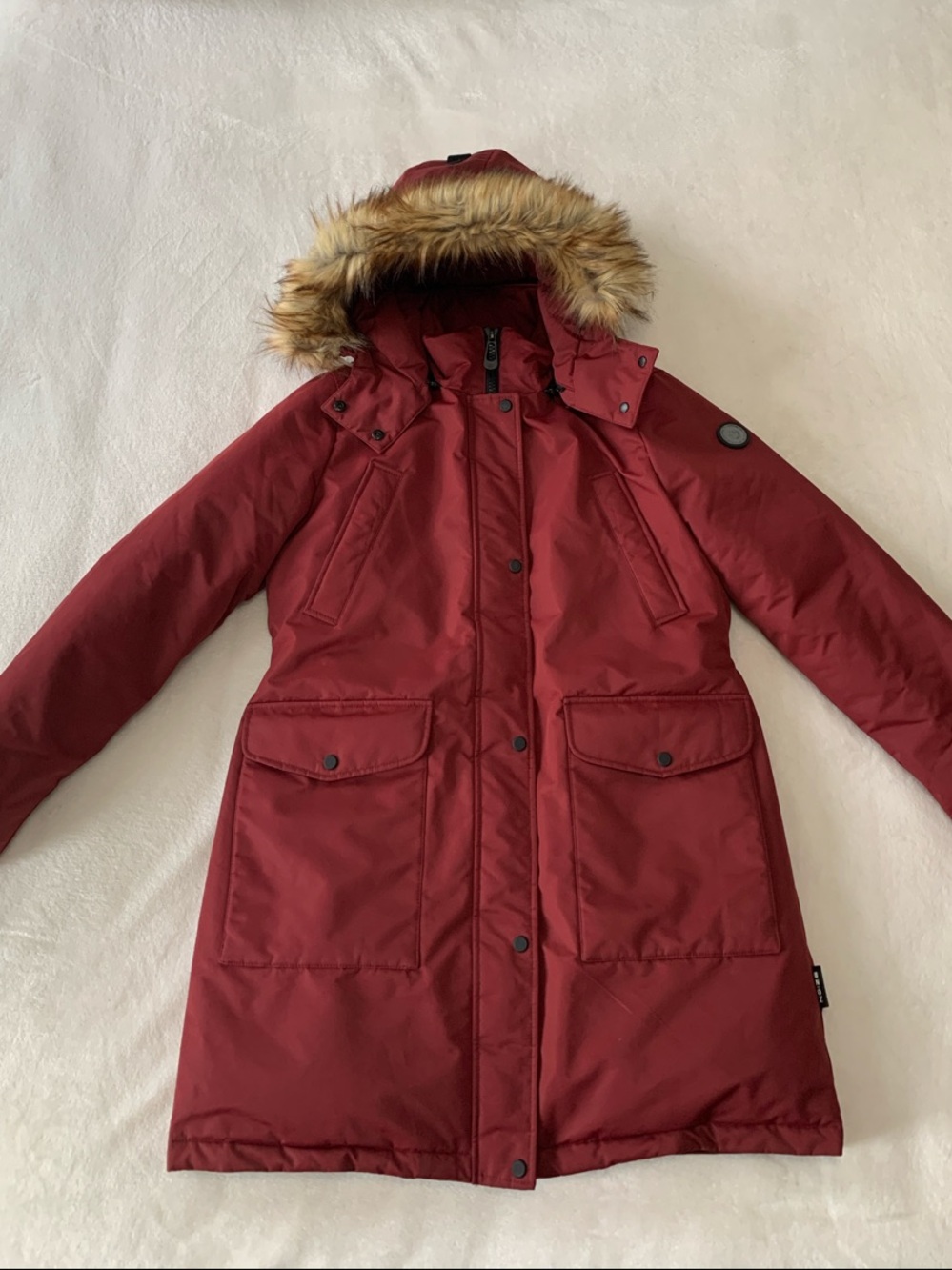 Noize Red Long Ski Parka with Faux-Fur Hood